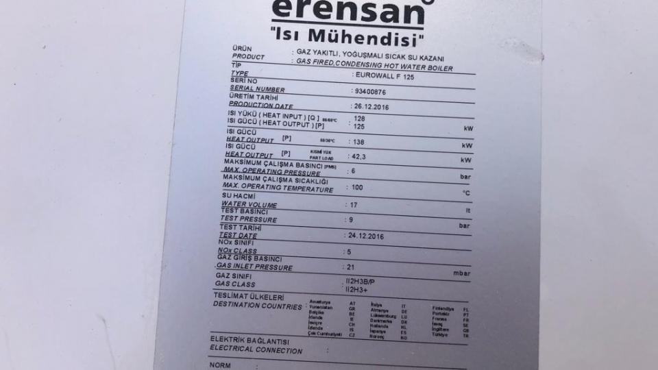 Erensan 125 Kw Duvar Tipi Yoğuşmalı Kazan